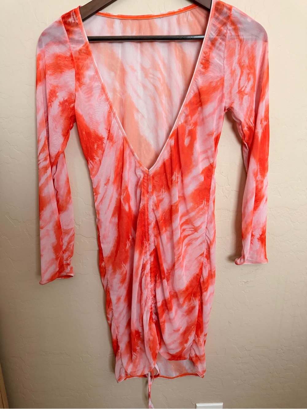 Tie-Dye Deep V Long Sleeve Dress - Coral & White